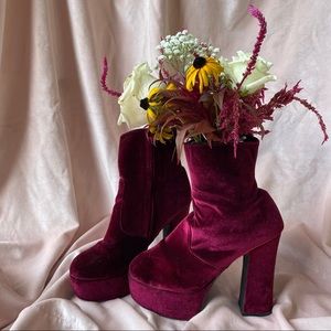 Velvet Burgundy Platform Jeffrey Campbell Heeled Booties, Size 8
